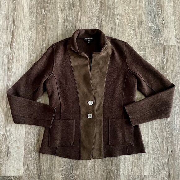 Eileen Fisher Merino Wool Blend Lamb Leather Brown Blazer Jacket - Size: XS - Picture 5 of 7